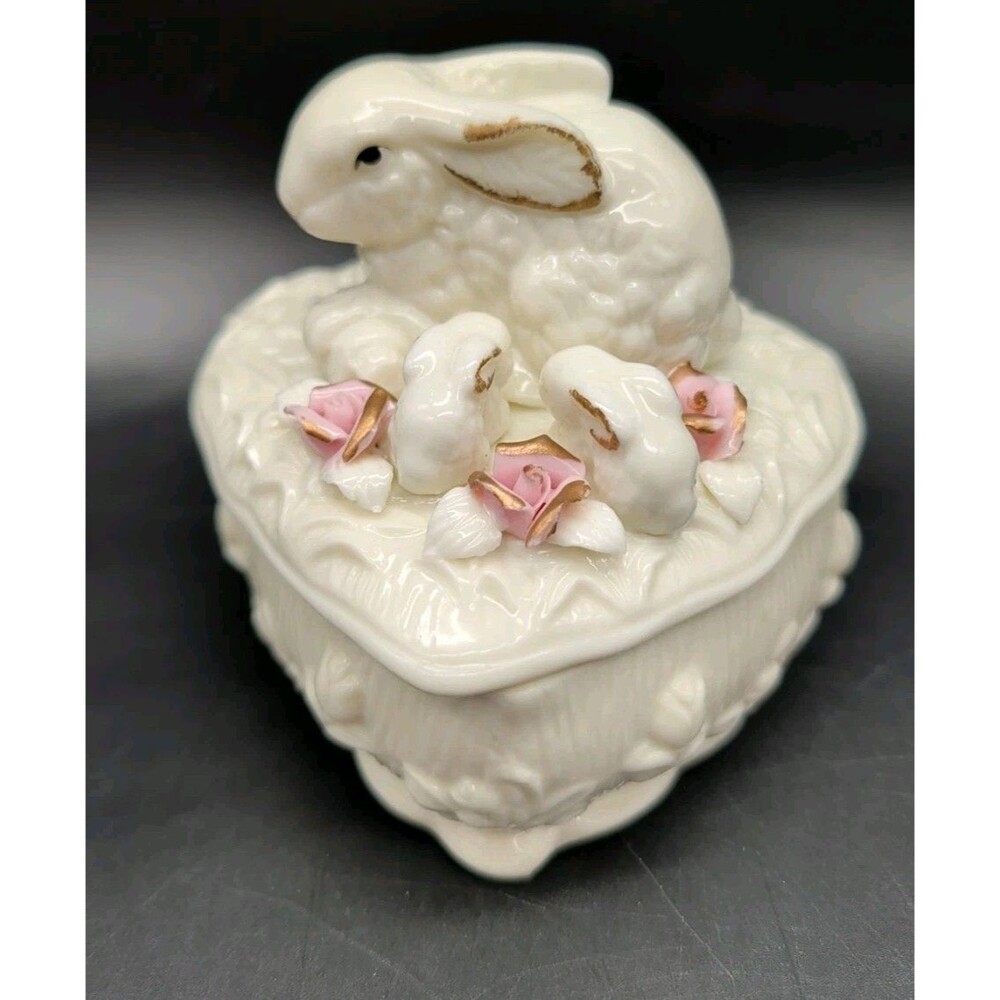 Porcelain Mother Bunny With Babies & Pink Roses Heart Candy Jewelry Box